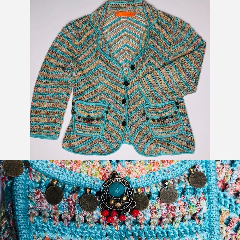 Cynthia Steffe  Turquoise Multi Crochet Jacket xs
